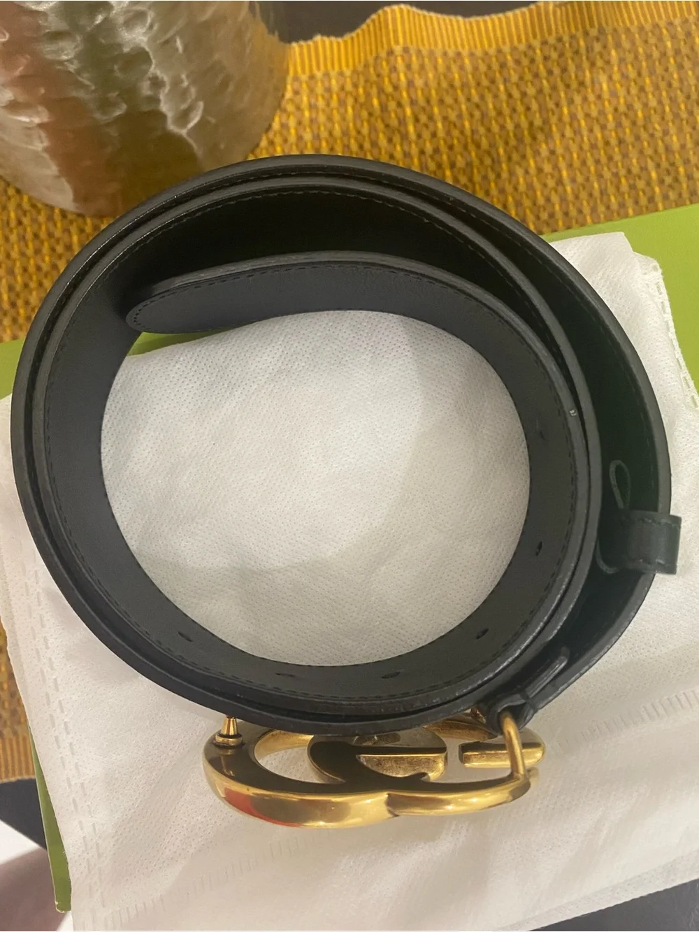 Gucci Double G Black Leather Belt with Gold Buckle medium 2 inch